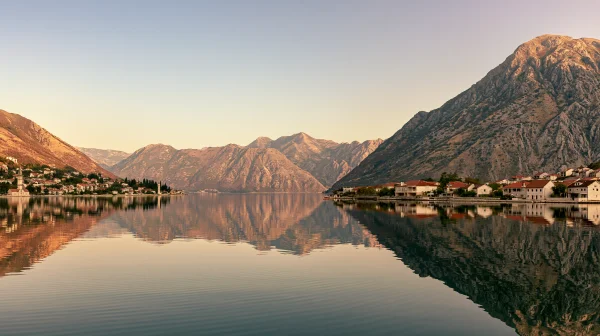 Lakeside Village and Mountains Mirrored at Dusk - Sea, Lakes & Water / Sky, Stars & Sunsets wallpaper