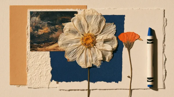 紙のコラージュに置かれた白い花とオレンジの花の壁紙 - ミニマル・抽象 / 花・植物