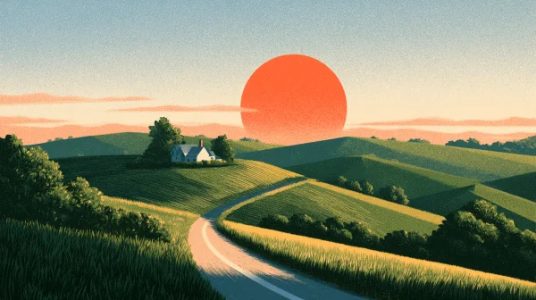 Illustrated Hills and Winding Road under a Red Sun - Minimal & Abstract / Illustration wallpaper