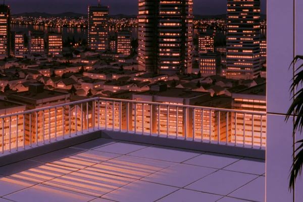 Anime-Style Rooftop View of Buildings at Dusk - Architecture & Cities / Fantasy & Space wallpaper