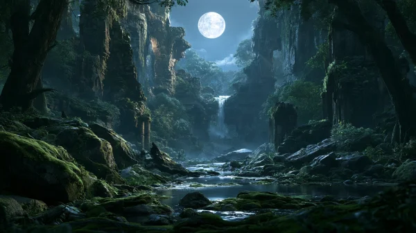 満月が昇る峡谷の滝と夜の森の壁紙 - 自然・風景 / 海・湖・水辺