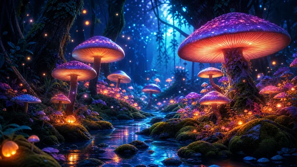 光るキノコが灯る夜の森 - ブルー 4K - ファンタジー・宇宙 / 自然・風景の壁紙