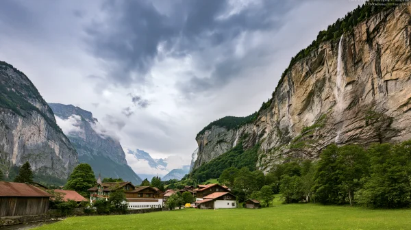 Cliffside Valley Village under Storm Clouds - Nature & Landscape wallpaper