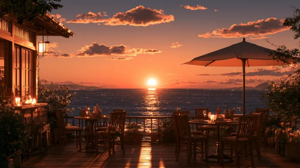 Seaside Restaurant Terrace at Sunset - Sky, Stars & Sunsets / Sea, Lakes & Water wallpaper