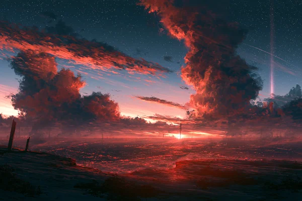 光条差す海の夕焼け絵画 - イラストの壁紙