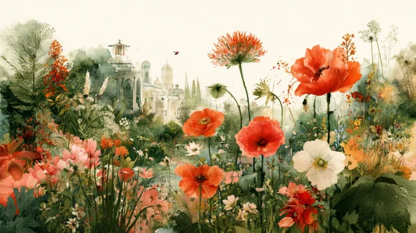 白い背景に咲くポピーと野花の壁紙 - 花・植物 / ファンタジー・宇宙