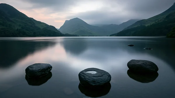 静かな湖面の黒い石と山の影の壁紙 - 海・湖・水辺 / 自然・風景