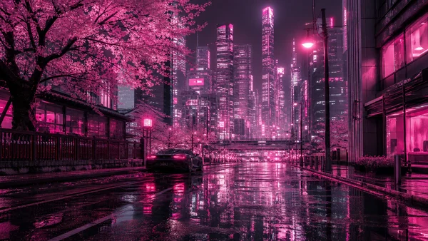 桜舞う夜のネオン横丁 - ピンク 4K - 花・植物 / 建築・都市の壁紙