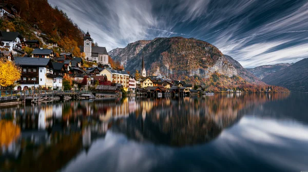 Swirling Clouds over a Mountain Lake Town - Architecture & Cities / Sea, Lakes & Water wallpaper
