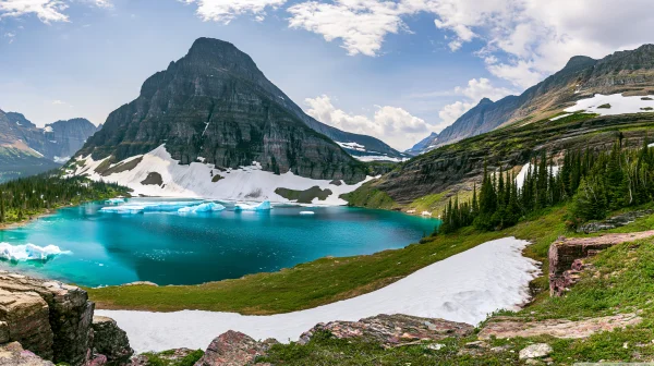 Green Valley with a Snow-Patched Lake and Peak - Nature & Landscape wallpaper