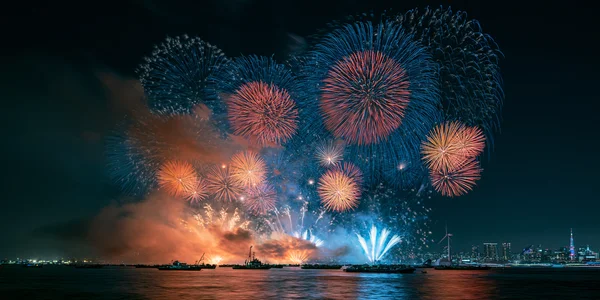 Fireworks Blooming Over a Night Harbor - Blue Full HD - Fantasy & Space / Architecture & Cities wallpaper