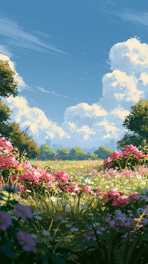 花畑と青空の絵画 - イラストの壁紙