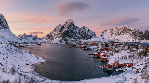 Red Cabins in a Snowy Cove beneath Peaks - Nature & Landscape / Sea, Lakes & Water wallpaper