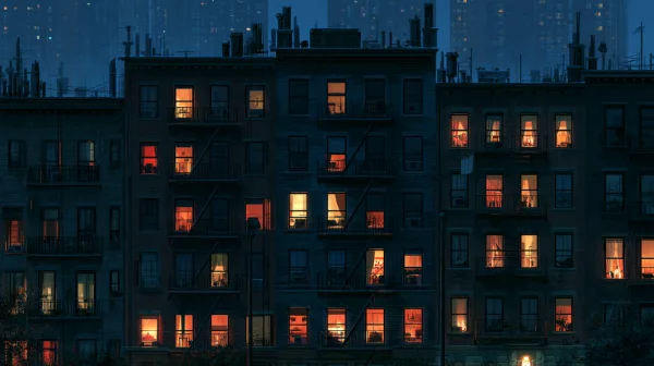 夜の集合住宅に灯る窓あかりの壁紙 - 自然・風景