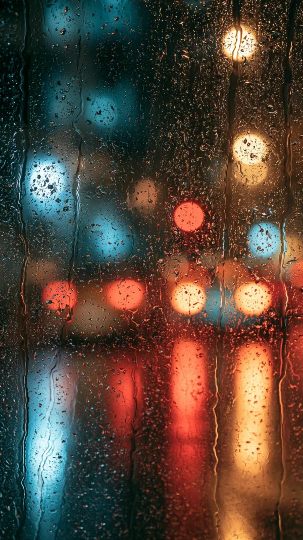 雨の夜の窓ガラスの青と赤のボケの壁紙 - ミニマル・抽象