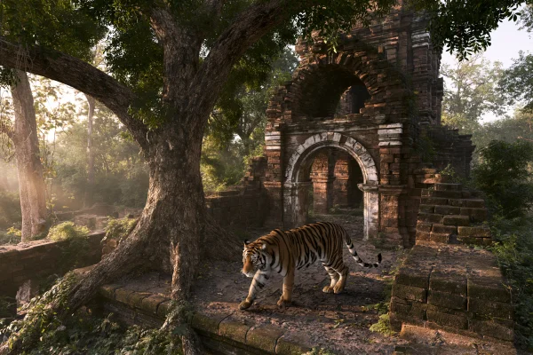 Tiger Walking Beneath an Ancient Tree and Gate - Nature & Landscape / Animals wallpaper