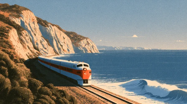 断崖の海岸を走る赤い列車の壁紙 - 海・湖・水辺 / 暮らし・食べ物