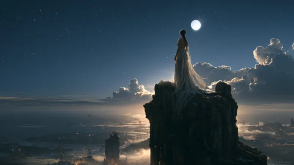 月夜の雲海を見つめる白いドレスの人の壁紙 - ファンタジー・宇宙 / 海・湖・水辺