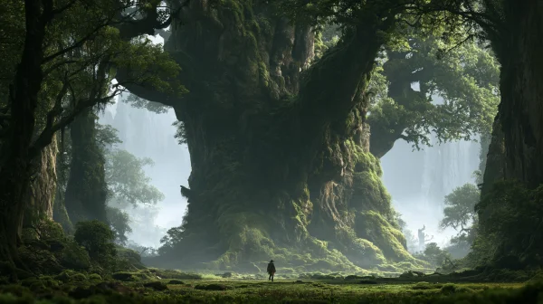朝霧の谷にそびえる大樹の壁紙 - 自然・風景
