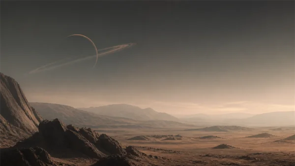 A Ringed Planet Beyond the Rocky Peaks - Orange 4K - Fantasy & Space / Nature & Landscape wallpaper