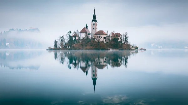 Island Church on a Morning Lake - Sea, Lakes & Water / Architecture & Cities wallpaper