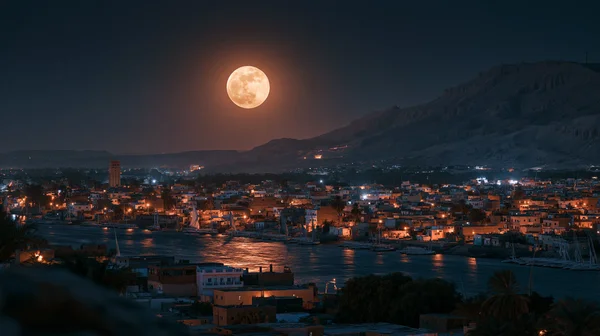 An Orange Moon Over the Nile Riverside - Orange Full HD - Sky, Stars & Sunsets wallpaper
