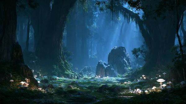 Glowing Blue Forest with a Great Standing Stone - Nature & Landscape wallpaper