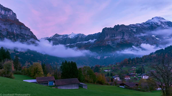 Purple Clouds Drifting over an Alpine Valley - Nature & Landscape wallpaper