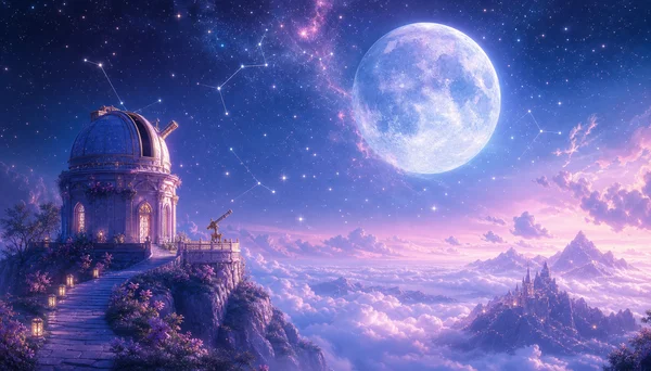 An Observatory Above the Clouds, Facing a Giant Moon - Blue 4K - Fantasy & Space / Sky, Stars & Sunsets wallpaper