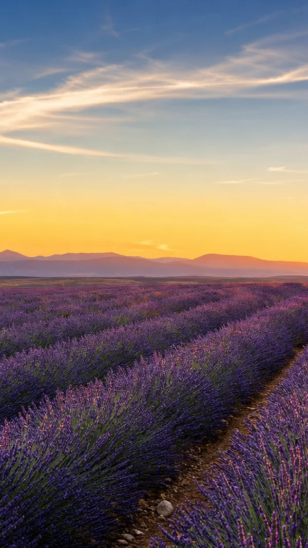 A Path Through Lavender Fields at Dusk - Orange Phone - Flowers & Plants / Sky, Stars & Sunsets wallpaper