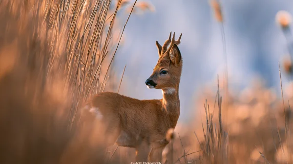 枯れ草の中に立つ若いノロジカの壁紙 - 動物