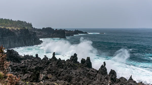 曇り空の下の荒れる岩の海岸の壁紙 - 海・湖・水辺 / 自然・風景