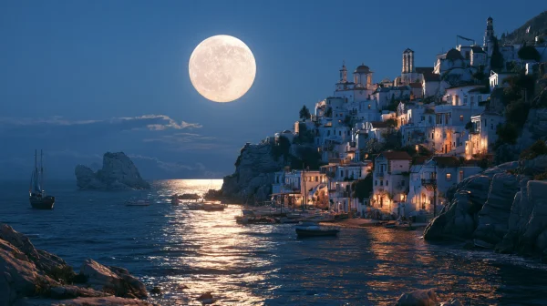 Full Moon over a White Seaside Town at Night - Architecture & Cities / Sky, Stars & Sunsets wallpaper