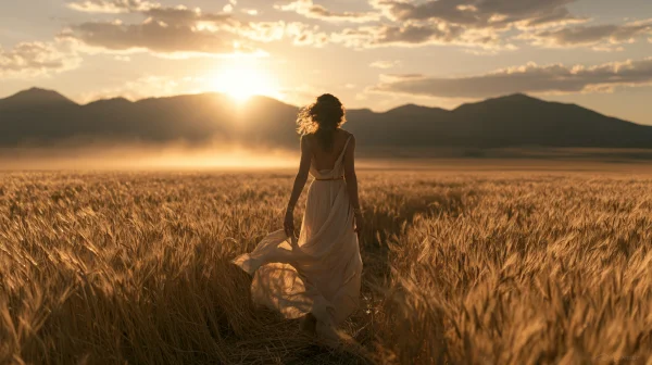Woman in White Walking Through Wheat at Sunset - Fantasy & Space wallpaper