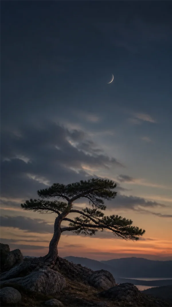 A Crescent Moon and a Lone Pine at Dusk - Blue Phone - Sky, Stars & Sunsets wallpaper