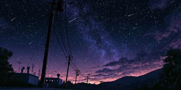 紫に染まる夕暮れの流星群 - 紫 4K - 空・星空・夕景 / ファンタジー・宇宙の壁紙