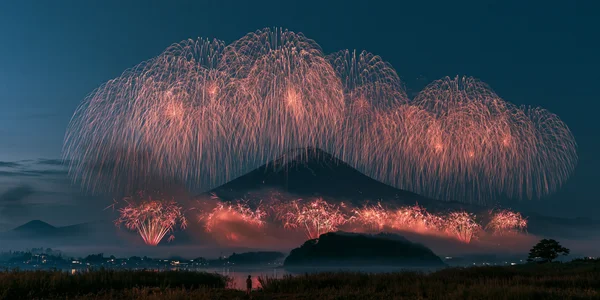 富士を覆う大輪の花火 - 赤 フルHD - ファンタジー・宇宙 / 花・植物の壁紙