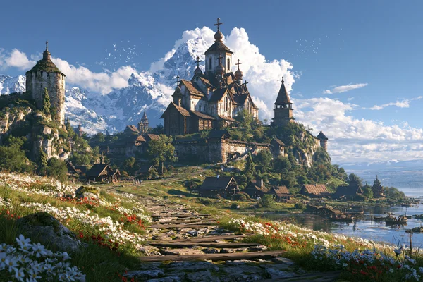 雪山を背に佇む古の教会と花の道 - 緑 4K - 自然・風景 / ファンタジー・宇宙の壁紙