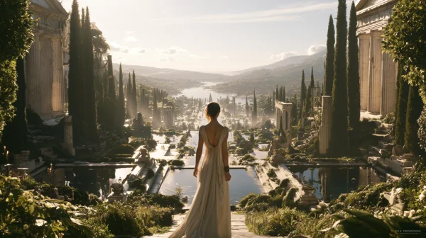 White-Gowned Figure Walking a Cypress Garden - Fantasy & Space wallpaper