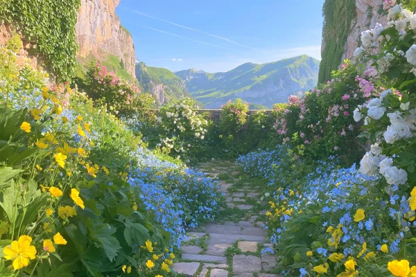 花が咲く崖の小道と遠い山の壁紙 - 自然・風景