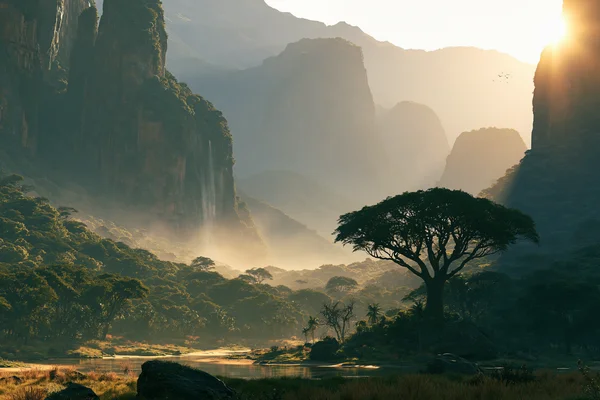 Savanna Cliffs and a Lone Tree in Morning Mist - Orange 4K - Nature & Landscape wallpaper