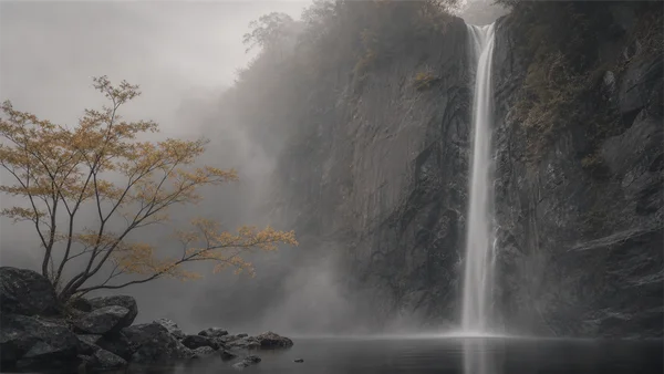 岩壁を落ちる白い滝 - モノクロ フルHD - 自然・風景 / 海・湖・水辺の壁紙