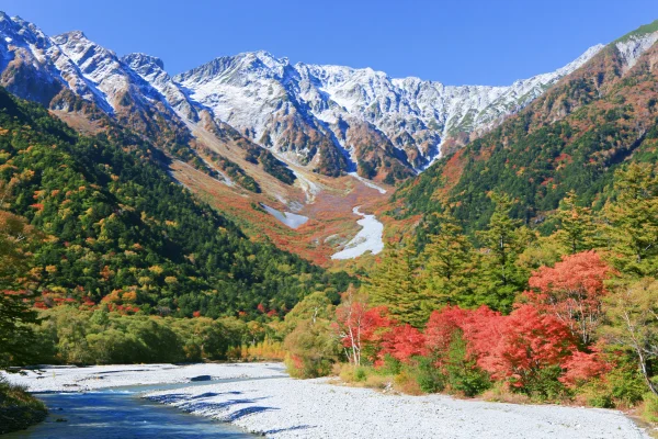 Snowy Hotaka Peaks and Red Leaves by the River - Nature & Landscape wallpaper