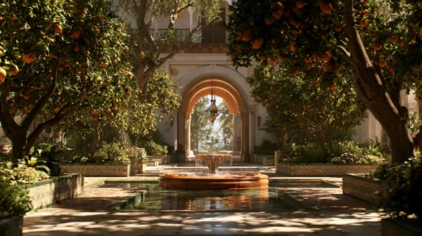Mediterranean Courtyard with Fountain and Arch - Sea, Lakes & Water wallpaper
