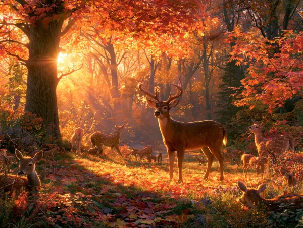 朝日差す紅葉の森と鹿 - 自然・風景 / 動物の壁紙