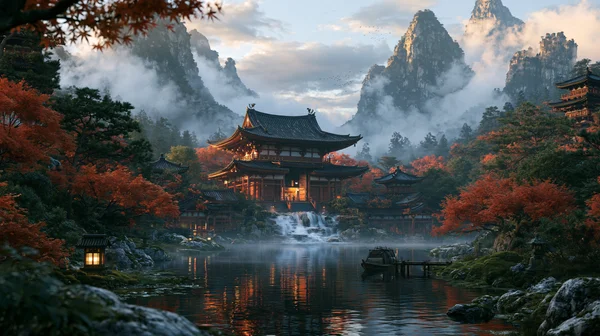 霧立つ山峡に灯る古寺 - オレンジ 4K - 世界遺産・遺跡 / 自然・風景の壁紙
