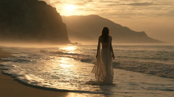Woman in White Walking a Sunlit Shore - Fantasy & Space wallpaper