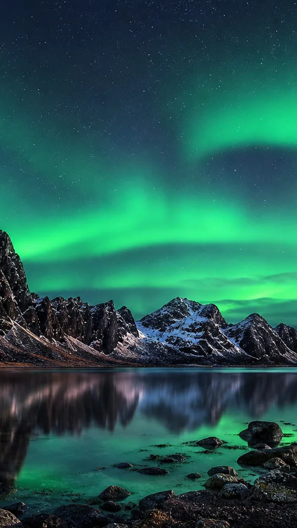 Aurora Colouring the Mountains by the Lake - Blue Phone - Sea, Lakes & Water / Sky, Stars & Sunsets wallpaper