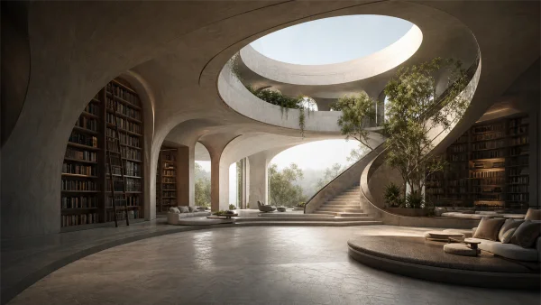 A Circular Library Beneath a Skylight - Orange 4K - Architecture & Cities wallpaper
