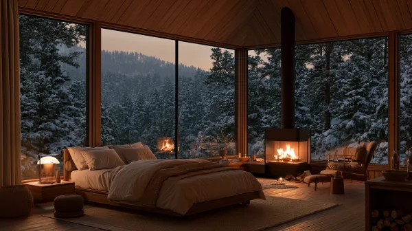 雪の森を望む暖炉のある山小屋の寝室の壁紙 - 自然・風景